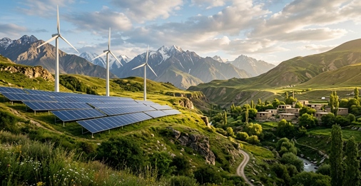 hybrid wind and solar system with solar panels and wind turbines powering a remote property in Pakistan with battery storage backup