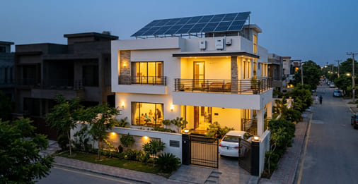 hybrid solar system with rooftop solar panels and battery backup powering a home during load shedding in Pakistan