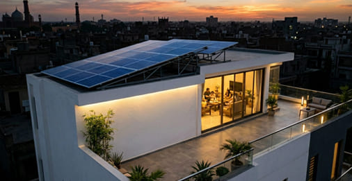 off-grid solar systems with rooftop solar panels and battery storage powering a house independently in Pakistan